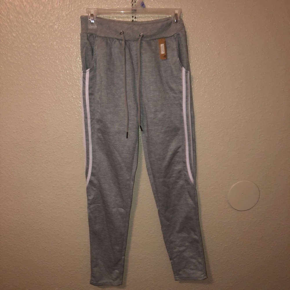 Grey joggers with white stripes on the side, NWT